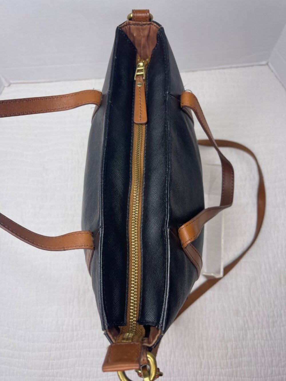 Fossil 1954 Black Brown Leather-Trimmed Classic Tote Bag Crossbody Strap - Picture 6 of 16